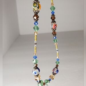 Multicolor Murano Glass Millefiori Evil Eye Bead Necklace Sterling Silver 925 9"